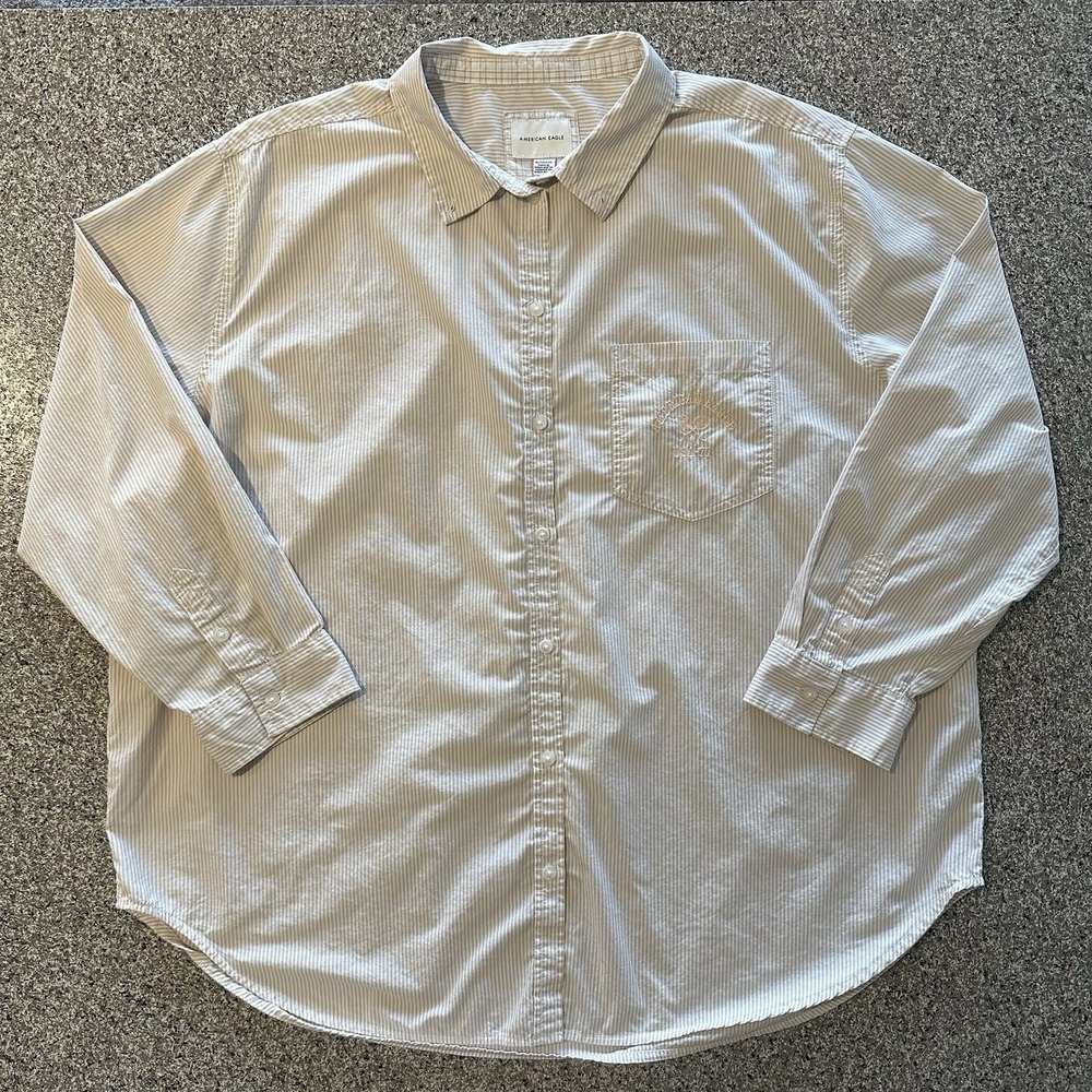 American Eagle Button Up Shirt Casual 77 USA Tennis Logo Mens‎ Size XL Striped